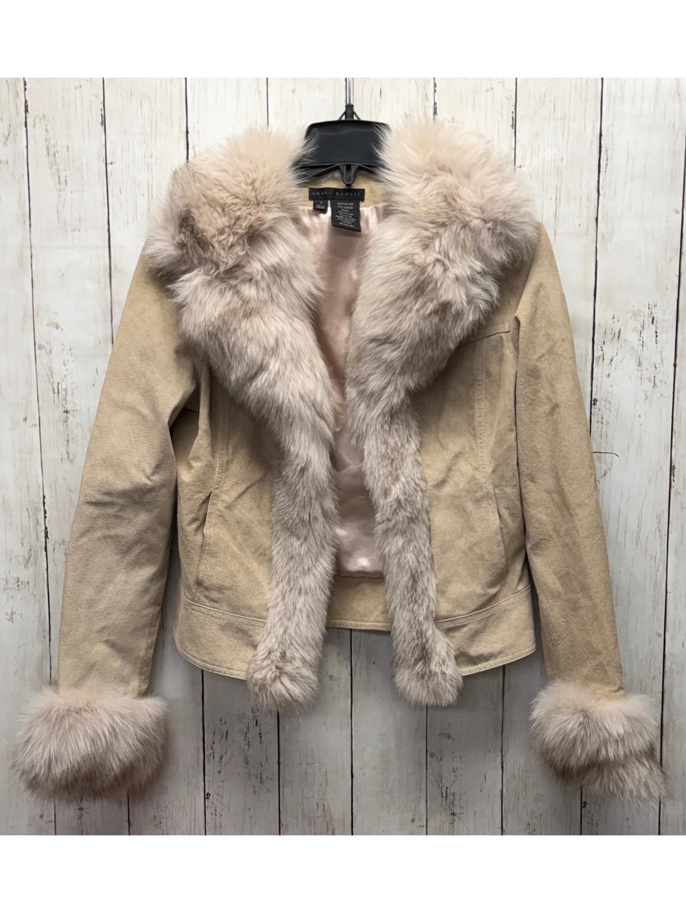 Sheri Bodell Women’s Pig Suede Fox Fur Trim Jacket Beige Y2K Size Small